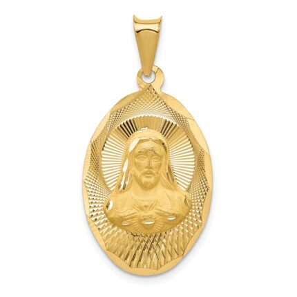 14K Polished Diamond-cut Solid Sagrado Corazon de Jesus Oval Pendant