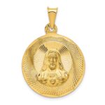 14K Polished Diamond-cut Large Solid Sagrado Corazon de Jesus Round Pendant