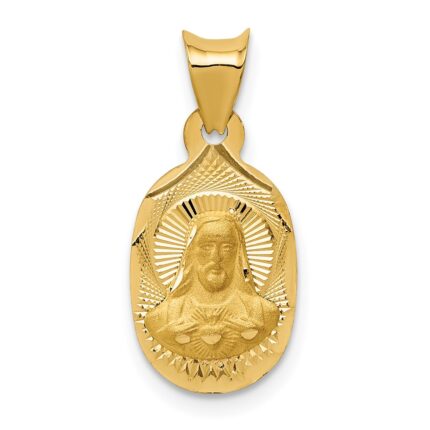 14K Polished Diamond-cut Solid Sagrado Corazon de Jesus Oval Pendant