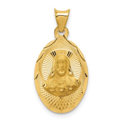 14K Polished Diamond-cut Solid Sagrado Corazon de Jesus Oval Pendant