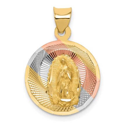 14K with Rose and White Rhodium Polished Diamond-cut Solid Our Lady Of Guadalupe Round Pendant