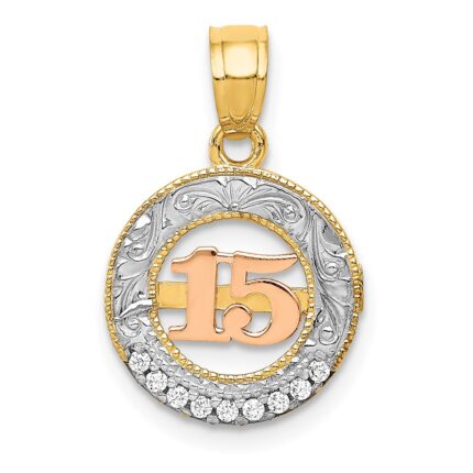 14k Two-tone with White Rhodium CZ 15 in Circle Pendant