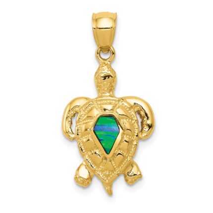 14k Polished Lab Created Blue Opal Turtle Pendant