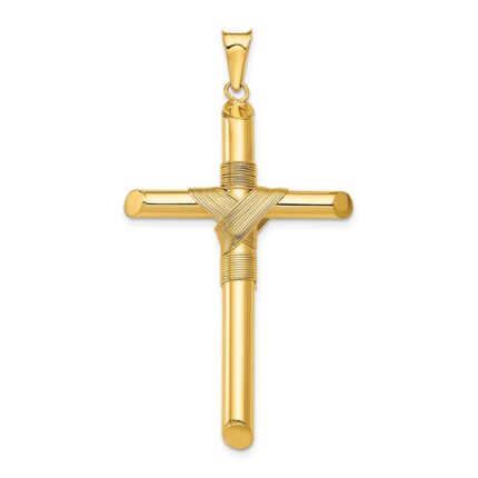 14K Polished with Center Wrap Tube Cross Pendant