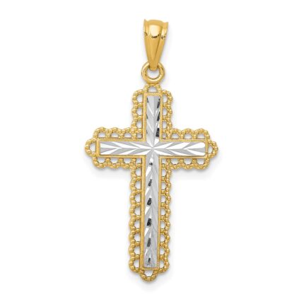 14k with White Rhodium Diamond-cut Budded Cross Pendant