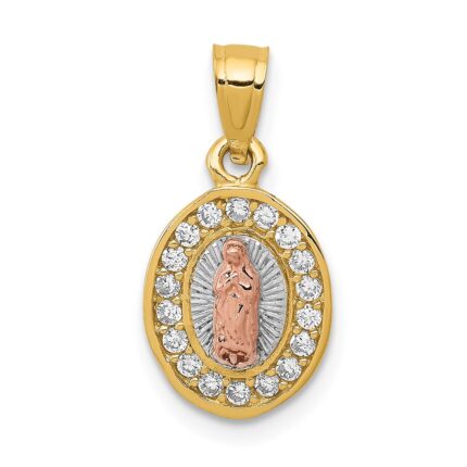 14K Two-Tone with White Rhodium Diamond-cut CZ Our Lady of Guadalupe Oval Pendant