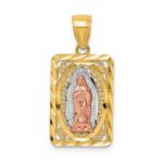 14k Two-tone with White Rhodium Diamond-cut Our Lady of Guadalupe Rectangular Pendant