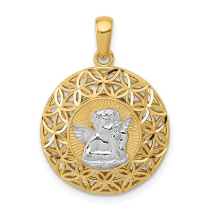 14k and White Rhodium Polished Filigree Guardian Angel Pendant