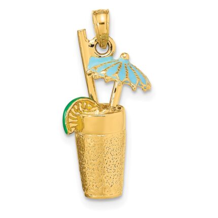 14K 3-D Cocktail Drink with Blue Enameled Umbrella and Lime Charm