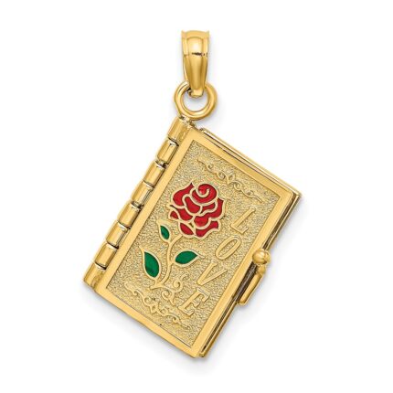 14K Enameled 3-D Moveable LOVE Bible Verse Flower Book Pendant