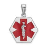 14K White Gold Red Enameled Textured Back Caduceus Medical Disc Charm