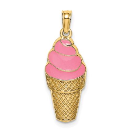14K Pink Enameled Strawberry Ice Cream Cone Charm