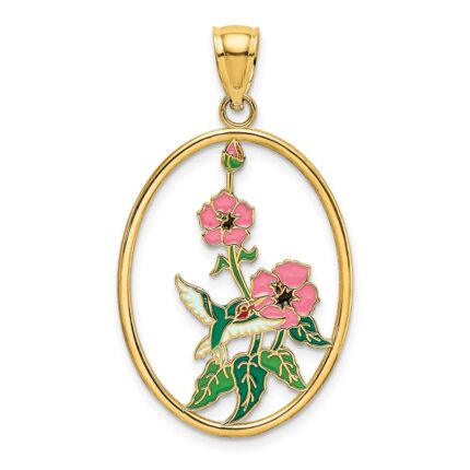 14K Enameled Hummingbird and Flowers In Oval Frame Charm