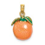 14K 3-D Orange and Green Enameled Orange With Stem and Leaf Charm