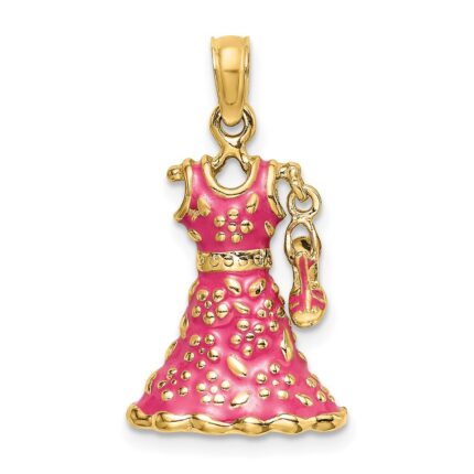 14K 3-D Pink Floral Enameled Dress with Moveable Dangle Shoe Charm