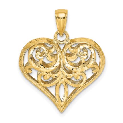 14K Polished 3-D Diamond-cut Filigree Puffed Heart Charm