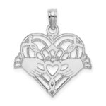14K White Gold Polished and Beaded Claddagh In Heart Charm