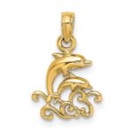 14K Textured Mini Double Dolphins and Waves Charm