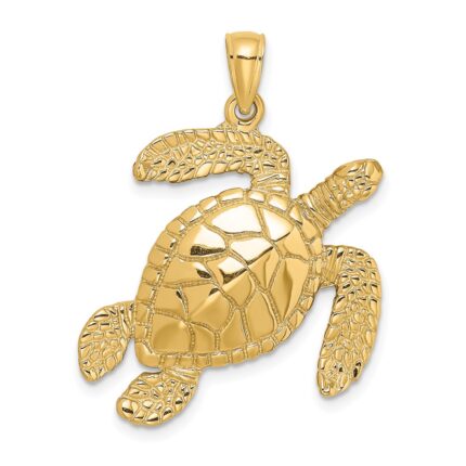 14K Large Textured Swimming Sea Turtle Charm
