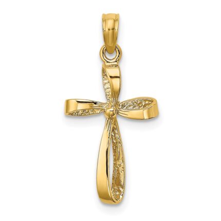 14K 3-D Textured Polished Twisted Cross Charm
