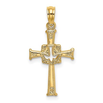 14K Polished and Textured Cross and Dove Charm