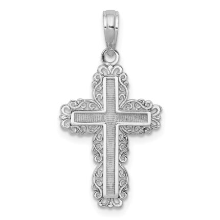 14K White Gold Textured with Lace Trim Cross Charm
