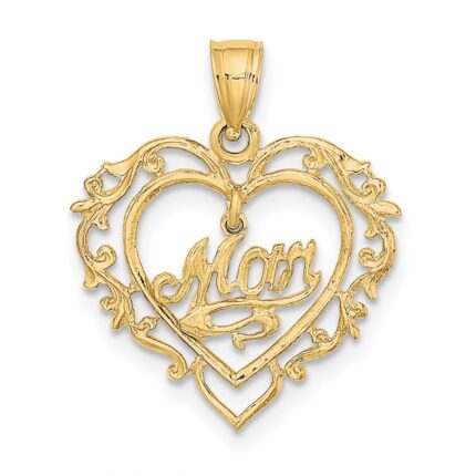 14K Polished MOM Dangle in Fancy Heart Pendant