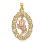 14k Two-Tone Textured Oval Frame with Dangling Rose Charm
