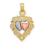 14k Two-tone with White Rhodium Textured Hearts Charm