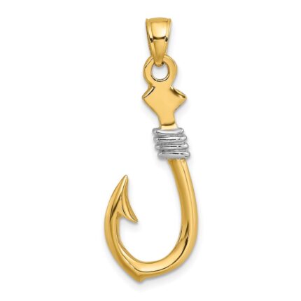 14K and White Rhodium 3-D Fish Hook With Rope Charm