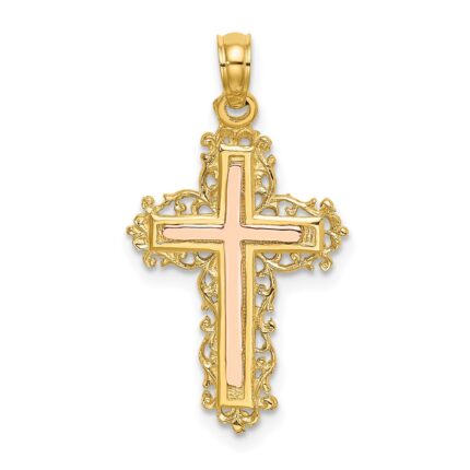 14K Two-Tone Cross with Lace Trim Charm