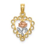 14k Two-tone with White Rhodium Heart with Rose and Lace Border Charm