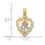 14k Two-tone with White Rhodium Heart with Rose and Lace Border Charm - Image 3