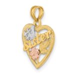 14k Two-tone with White Rhodium #1 SISTER In Heart with Flowers Charm - Image 5