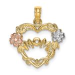 14k Two-tone with White Rhodium MOM Heart with Flowers Charm