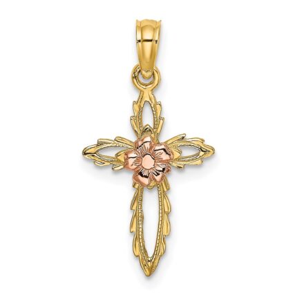 14k Two-tone Cut-Out Cross with Flower Charm