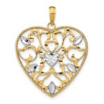 14k and White Rhodium Filigree Leaf Accent Heart Charm