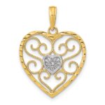 14k and White Rhodium Filigree Beaded Heart Charm