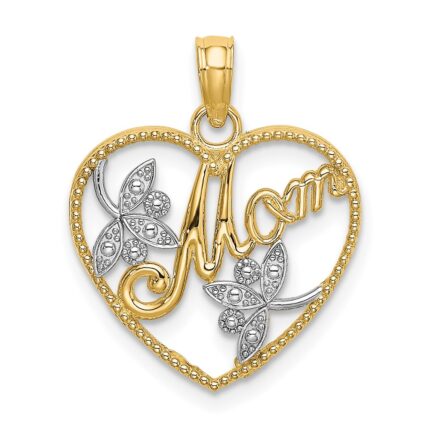 14k with White Rhodium Textured Heart with MOM Charm