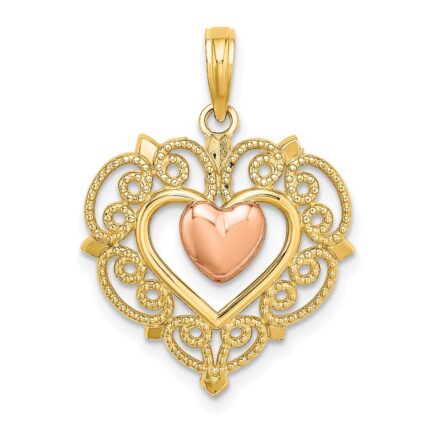 14k Yellow and Rose Heart Dangle with Lace Border Charm
