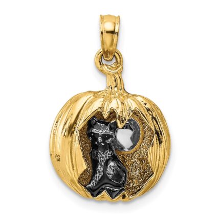 14k and Rhodium 3-D Jack-o-Lantern with Enameled Black Cat and Moon Charm