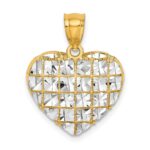 14k and White Rhodium Diamond-cut Grid Heart Charm