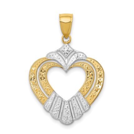 14k and White Rhodium Textured Cut-Out Heart Charm