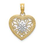 14k and White Rhodium Textured Flower Filigree Heart Charm