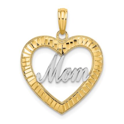 14k with White Rhodium Diamond-cut MOM Heart Charm