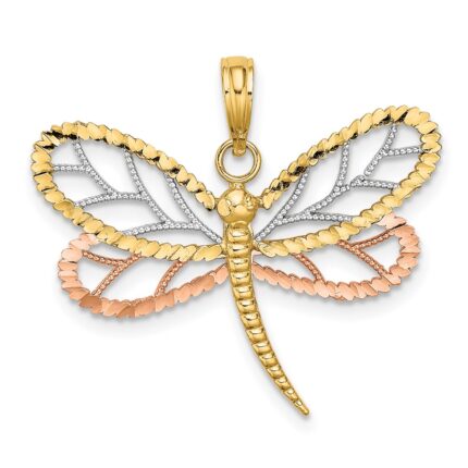 14k Two-tone with White Rhodium Dragonfly with Beaded Diamond-cut Wings Charm