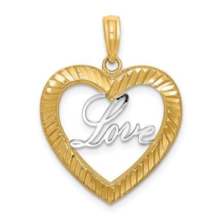 14k and White Rhodium Diamond-cut LOVE Heart Pendant