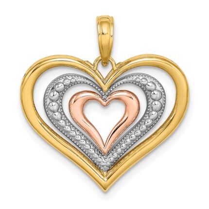 14k Two-tone with White Rhodium Textured and Polished Triple Hearts Charm