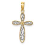 14K and White Rhodium Filigree and Milgrain Edge Cross Charm