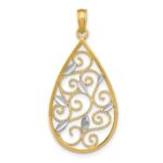 14k and White Rhodium Beaded Filigree Diamond-cut Teardrop Charm